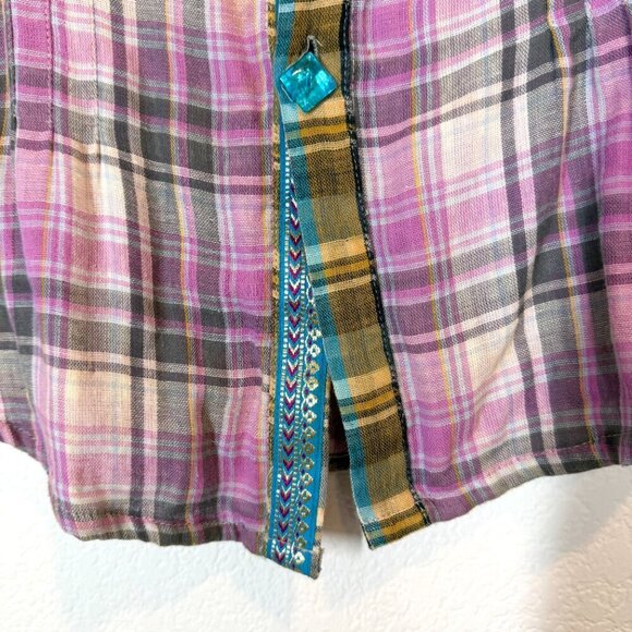 Patchwork Plaid Embroidered Sequin Top Shirt Button Down Purple Small - Picture 7 of 10